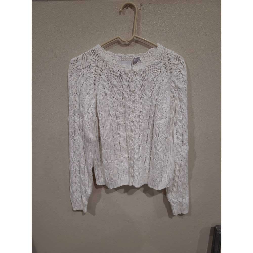 VTG Allison Brittney Women SZ Lg white cable knit cottage core cardigan feminine
